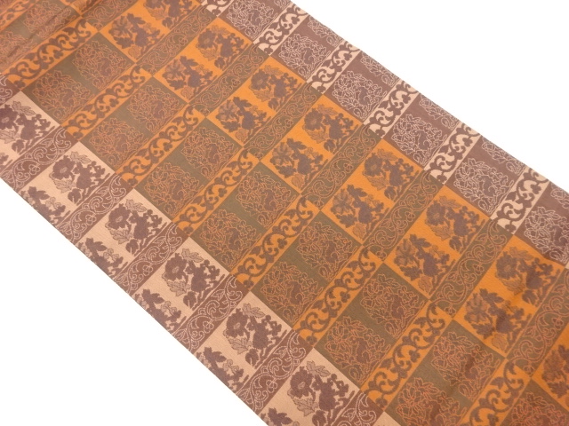 JAPANESE KIMONO / NAGOYA OBI / SILK / WOVEN FLORAL PLANTS & FLORAL ARABESQUE